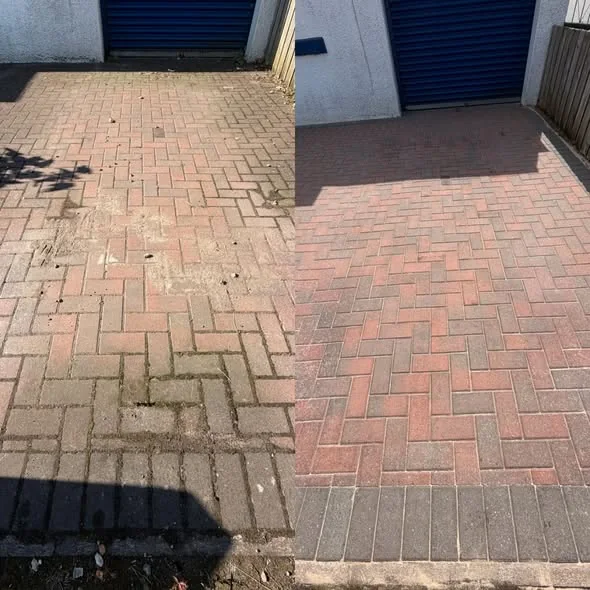 Before and after driveway restoration with the block paving brought back to a clean finish