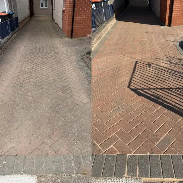 Before and after block paving driveway restoration, faded and dirty on the left, clean red blocks on the right