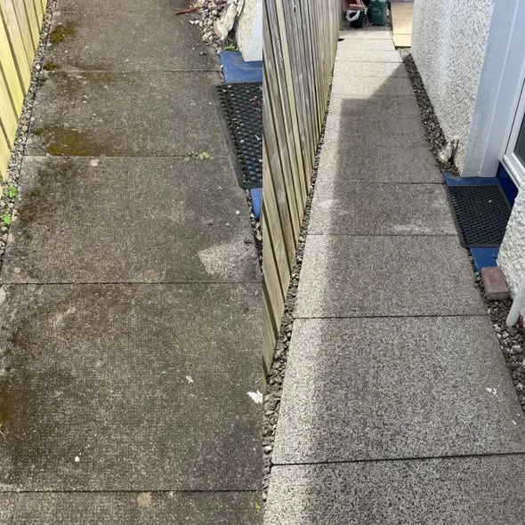 Before and after path restoration with moss and grime removed