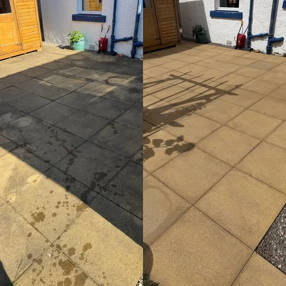 Before and after patio restoration bringing back the original colour of the slabs