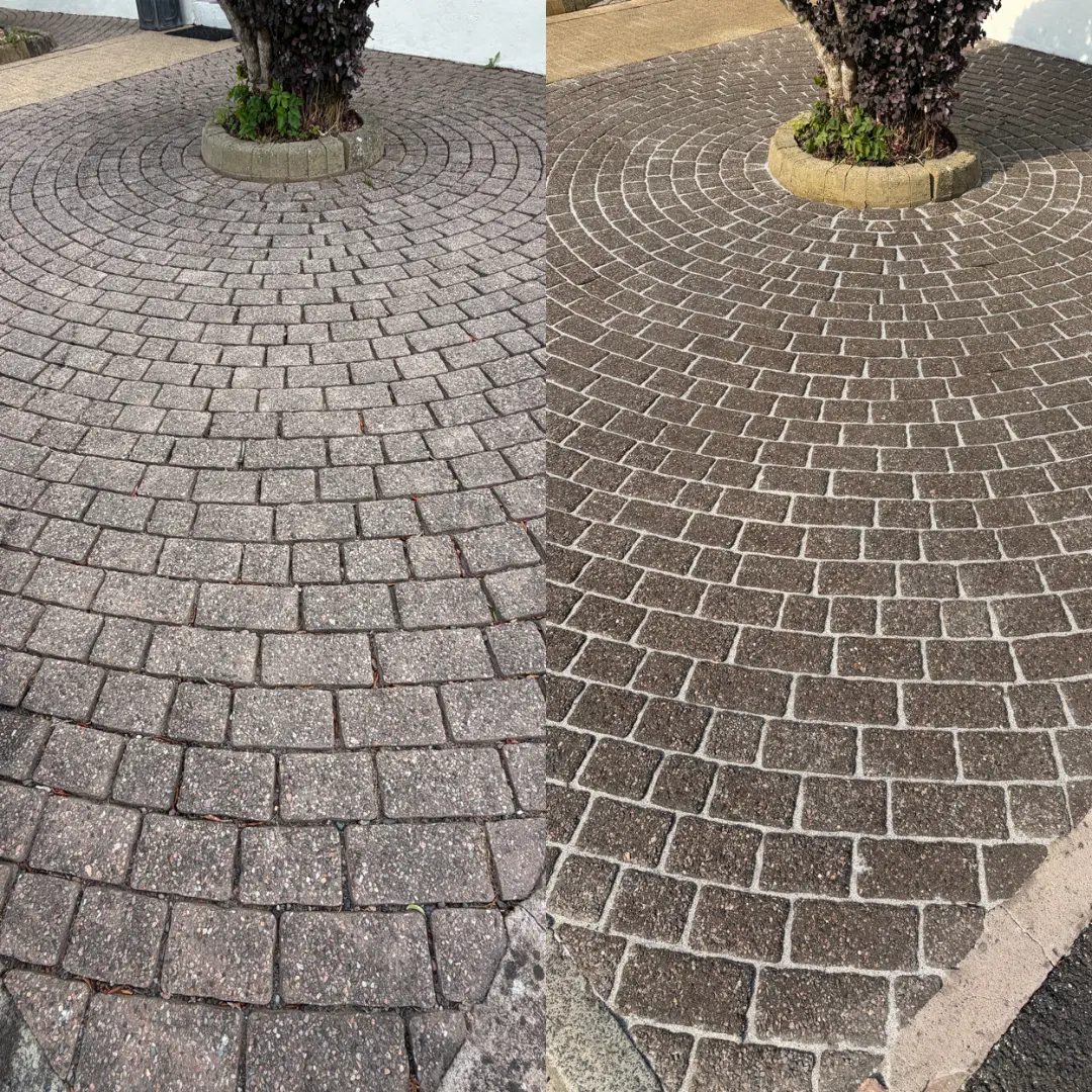 Before and after circular block paving driveway feature restored to a clean finish