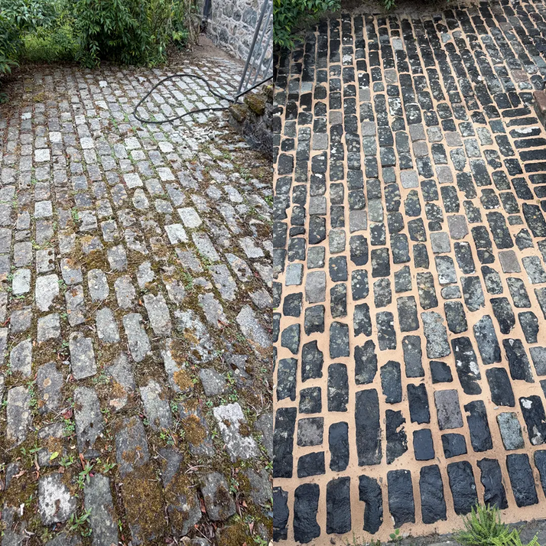 Before and after cobble sett driveway restoration with weeds and moss cleared from the joints
