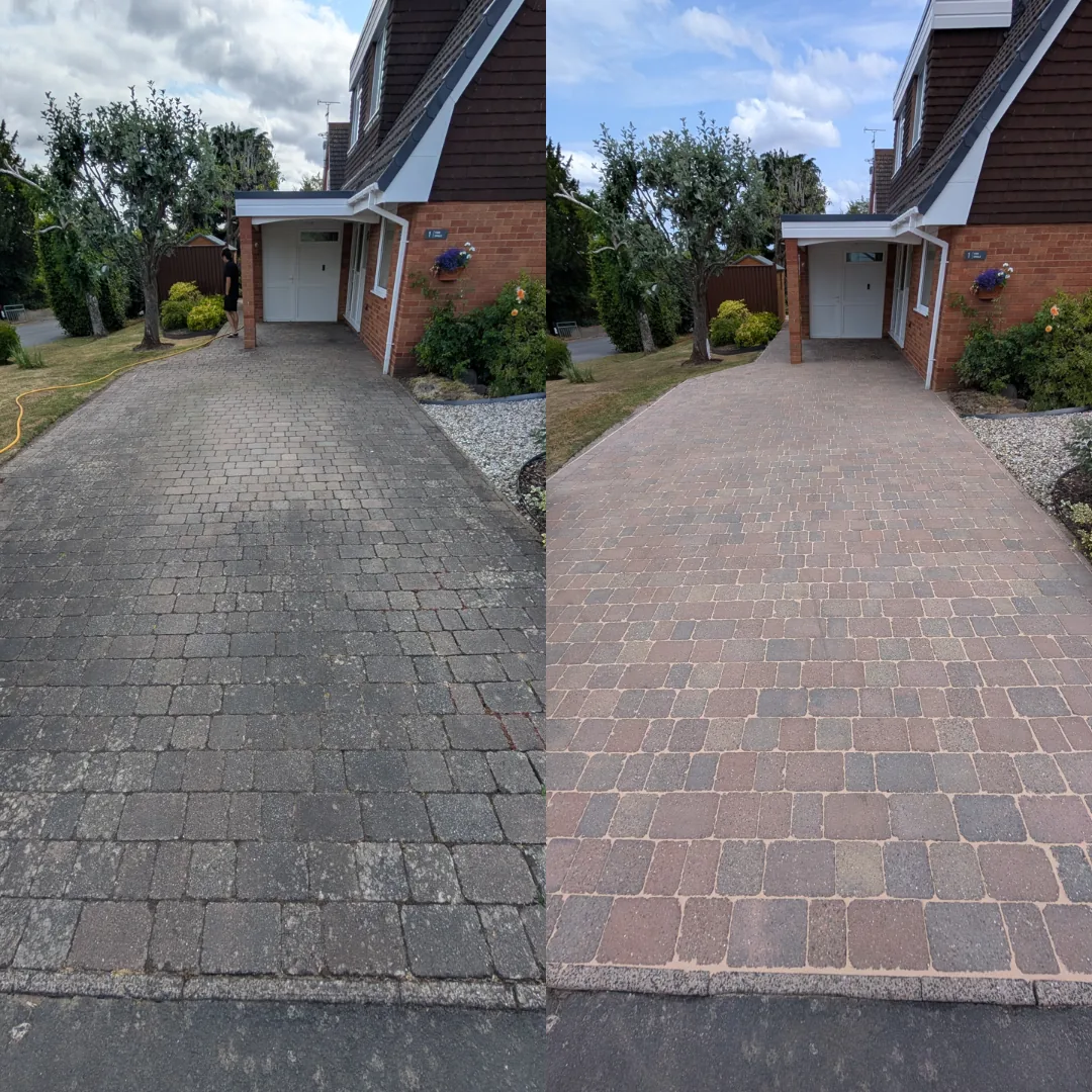 Before and after block paving driveway restoration brought back to a clean red and buff finish