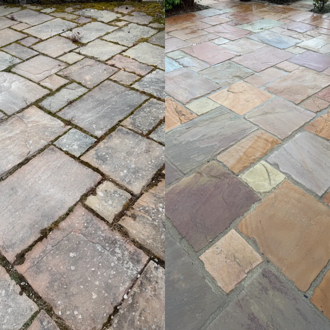 Before and after sandstone patio restoration showing dull, dirty flags on the left and clean, colourful flags on the right