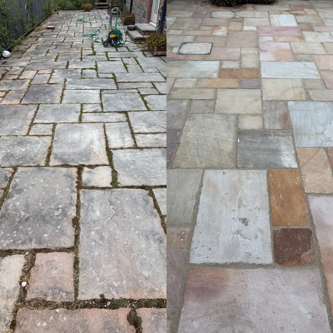 Before and after sandstone patio deep clean and repointing