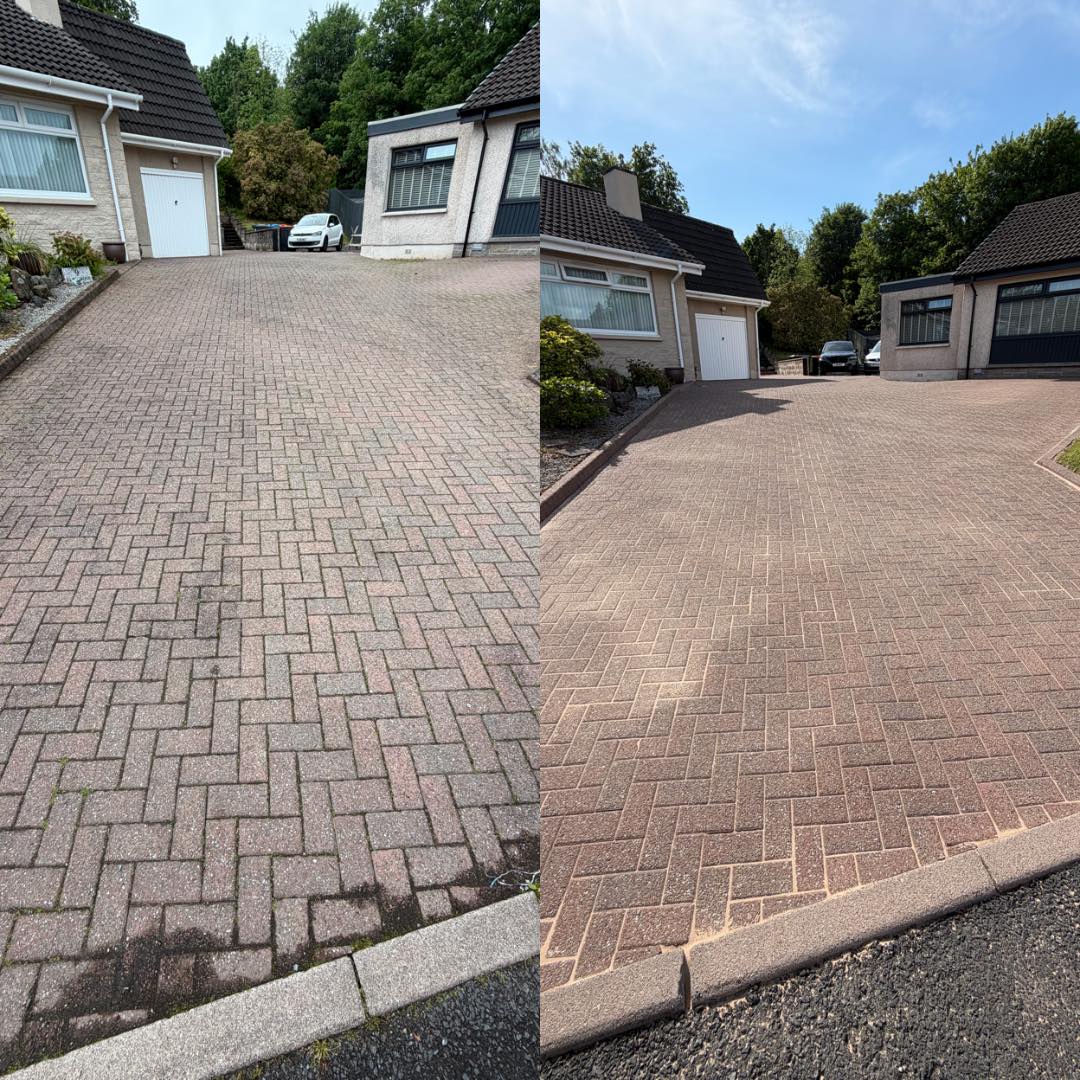 Before and after comparison of a block paving driveway showing darker grime and joint growth before cleaning, then a brighter re-sanded finish after cleaning