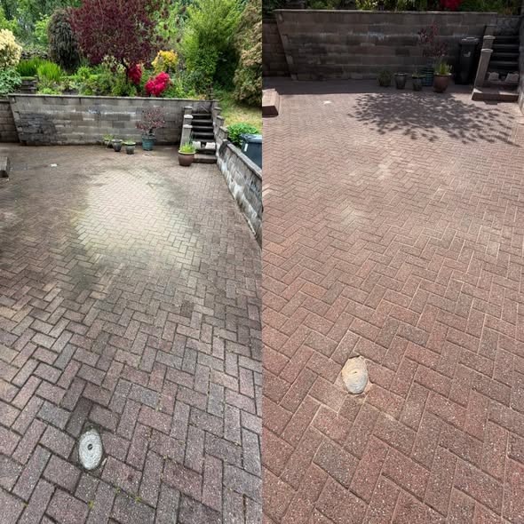 Before and after comparison of a block paving patio showing built-up dirt before cleaning and a cleaner brighter finish after treatment and re-sanding