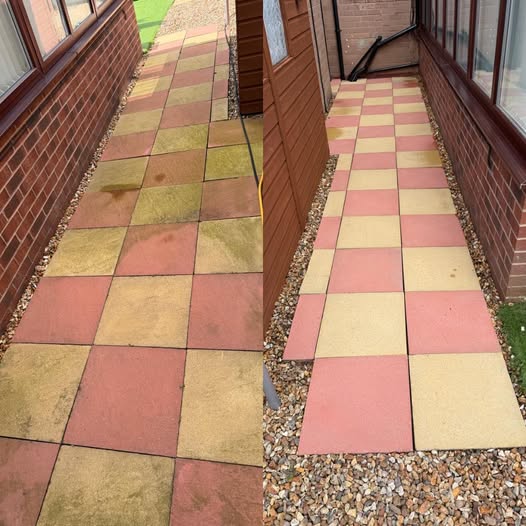 Before and after path cleaning example showing brighter red and buff slabs after cleaning